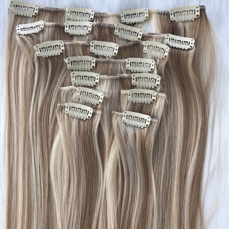 Seamless double drawn clip on hair extension manufacturers balayage mixed ash blonde color YJ300